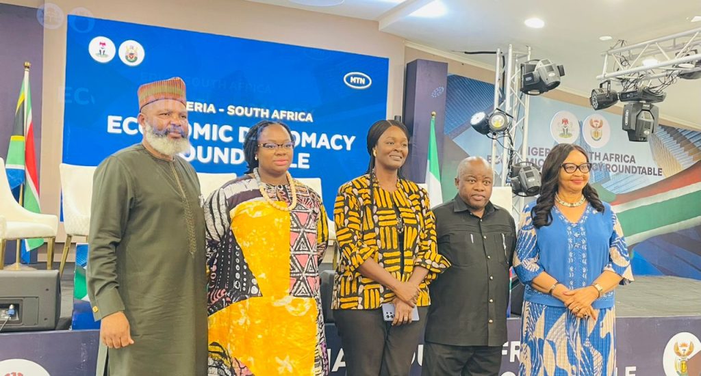 L-R: Mr. Calvin Phume, Director, Africa Bilateral Economic Relations, Department of Trade, Industry and Competition (DTIC); Acting Consul General, South Africa High Commission, Kgothatso Xulu; Acting CEO, MoMo, Omolara Michael-Nwadu; Chief Director, West Africa, Department of International Relations and Cooperation (DIRCO), Amb. Nyameko Goso; and Chairman, Nigeria–South Africa Chamber of Commerce, Ije Jidenma, at the Nigeria–South Africa Economic Diplomacy Roundtable held on Thursday, April 23, 2026, at the MTN Rooftop, Ikoyi, Lagos.